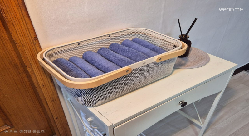 욕실입구에는 매일 세탁한 수건이 비치되어 있습니다. 